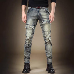 LONGBIDA Men's Biker Moto Washed Distressed Slim Fit Straight Jeans Denim