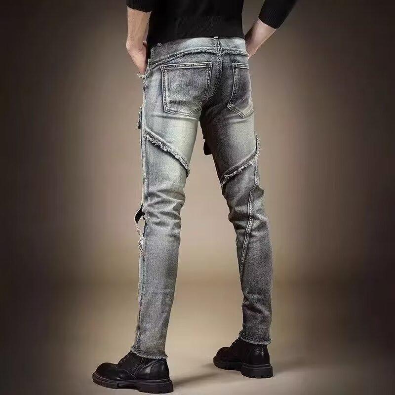 LONGBIDA Men's Biker Moto Washed Distressed Slim Fit Straight Jeans Denim