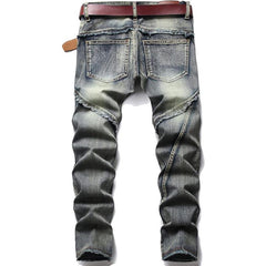 LONGBIDA Men's Biker Moto Washed Distressed Slim Fit Straight Jeans Denim