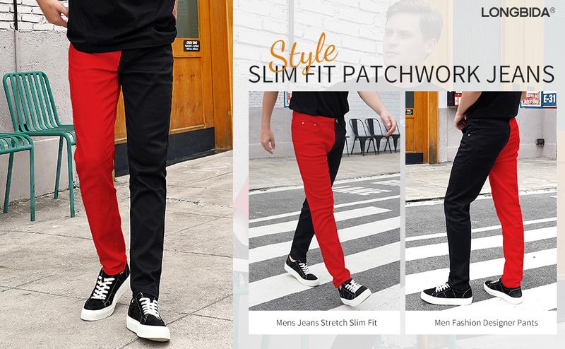 LONGBIDA Men's Slim Fit Skinny Jeans Two Tone Patchwork Designer Stretch Regular Denim Pants