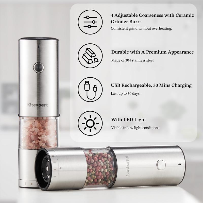 Kitexpert Stainless Steel Electric Salt-Pepper Grinder Set with Light USB Rechargeable Grinder/ Battery Grinder /Manual Grinder,