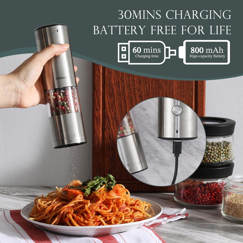 Kitexpert Stainless Steel Electric Salt-Pepper Grinder Set with Light USB Rechargeable Grinder/ Battery Grinder /Manual Grinder,