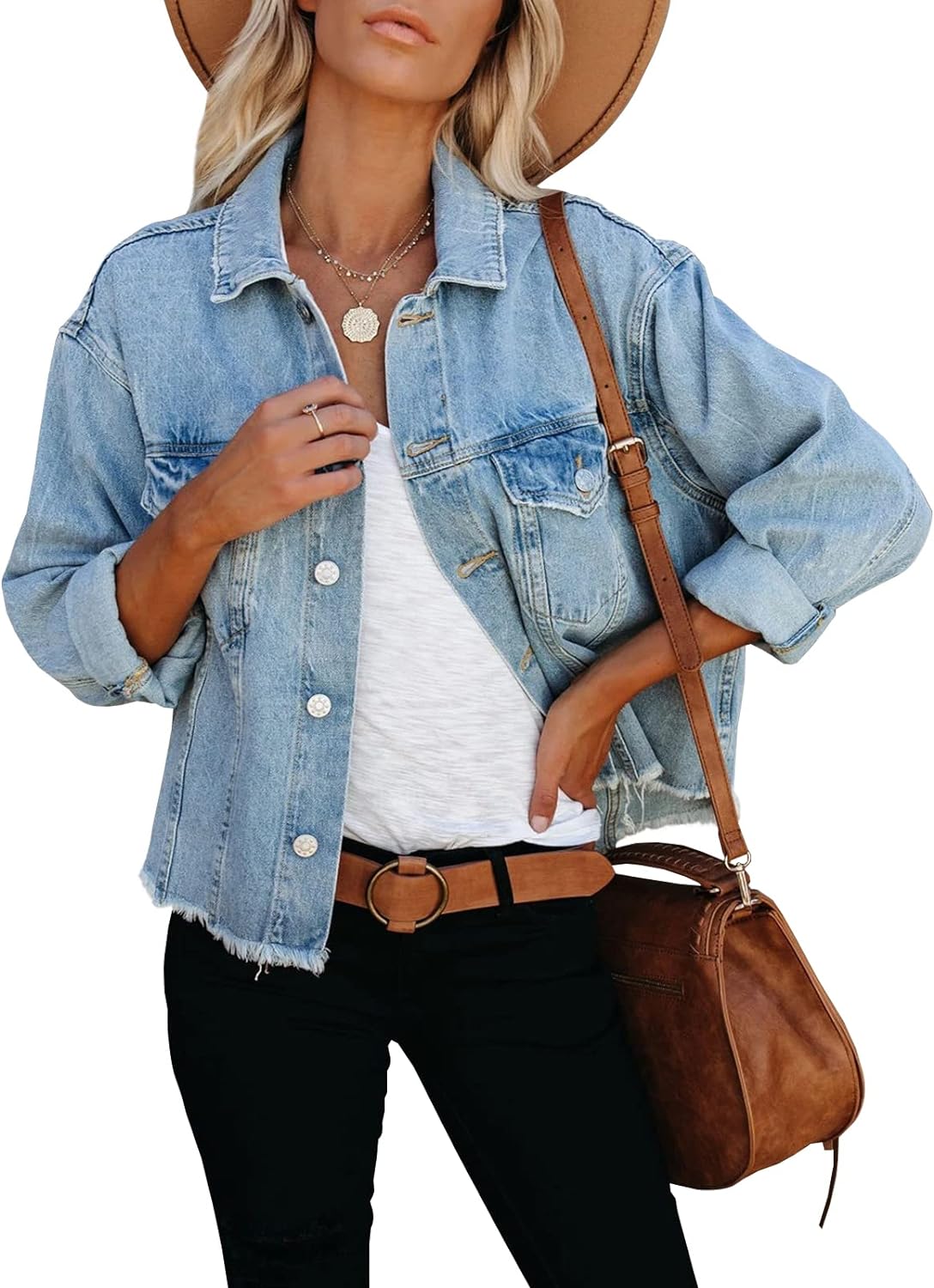 LONGBIDA Cropped Denim Jacket Women's Button-Up Frayed Washed Style