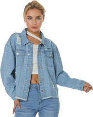 LONGBIDA Cropped Denim Jacket Women's Button-Up Frayed Washed Style