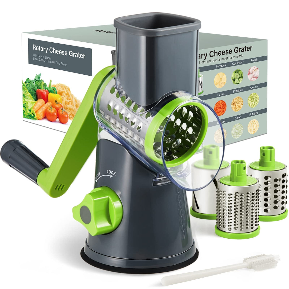 Kitexpert 3 in 1 Rotary Cheese Grater, 3 Interchangeable Blade