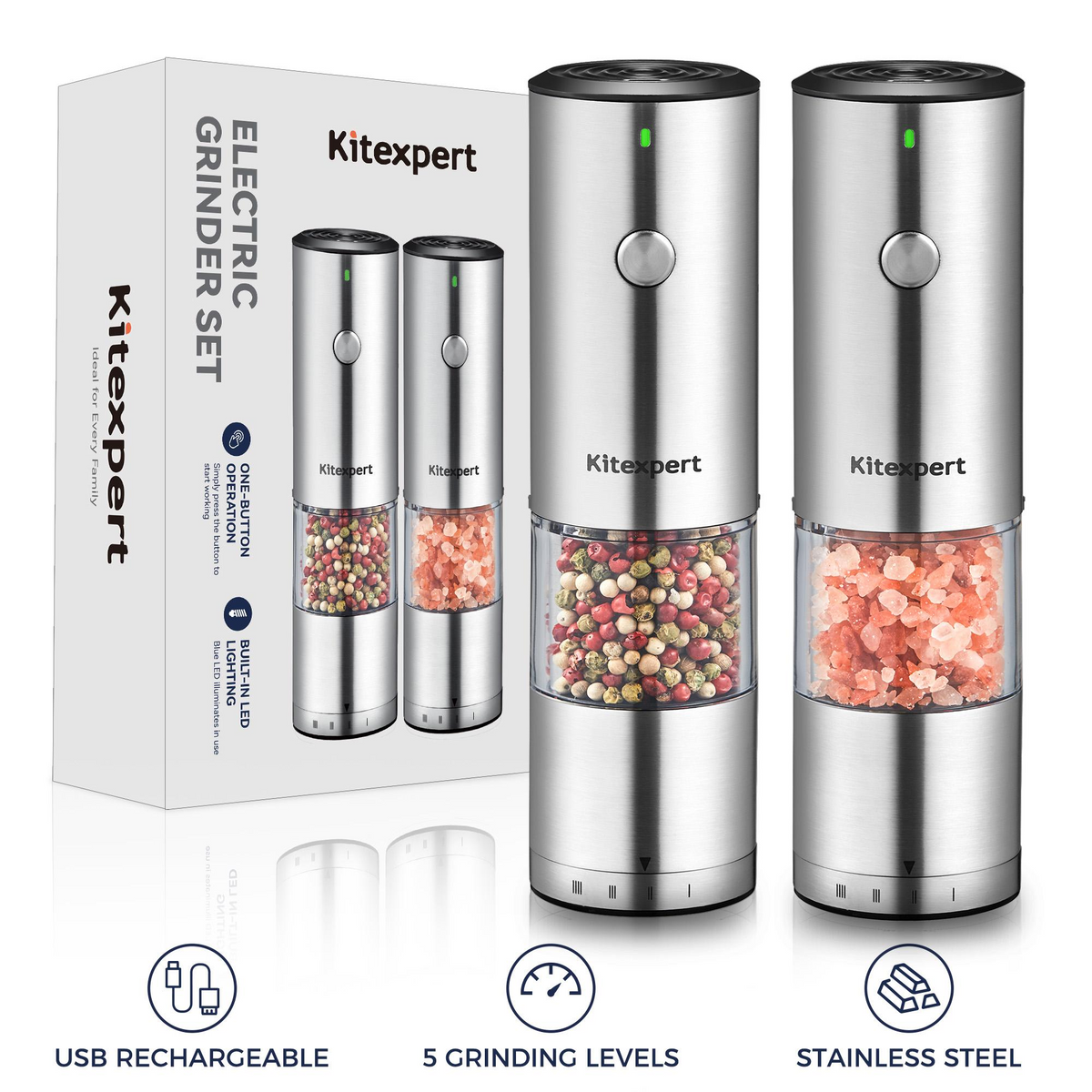 Kitexpert Stainless Steel Electric Salt-Pepper Grinder Set with Light USB Rechargeable Grinder/ Battery Grinder /Manual Grinder,